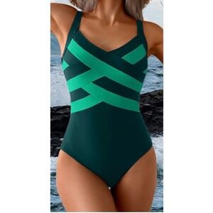 Aidonger Womens Teal Turquoise Crisscross One Piece Swimsuit Size Large NWT